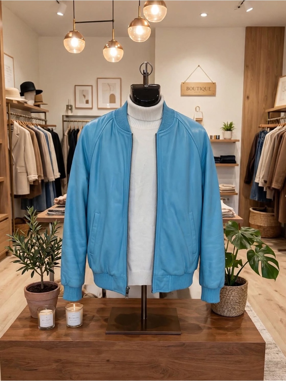 Men's Blue Leather Bomber Jacket - Classic Casual